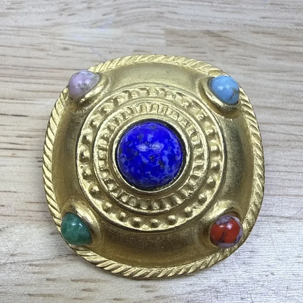 Vintage Stone Cabochon Chunky Gold Toned Clip On Earrings 1.25” Retro Colorful